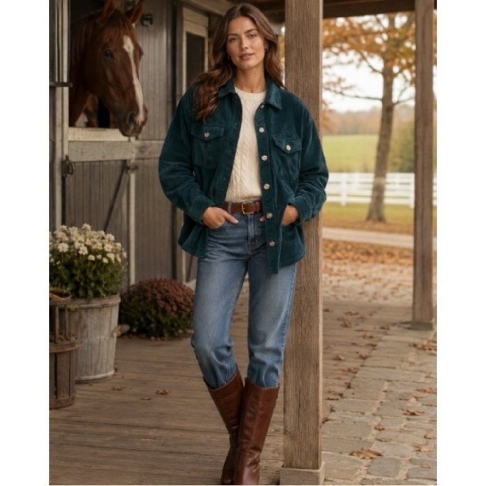 Aerie Deep Forest Green Corduroy Shacket S Oversized Equestrian Fall